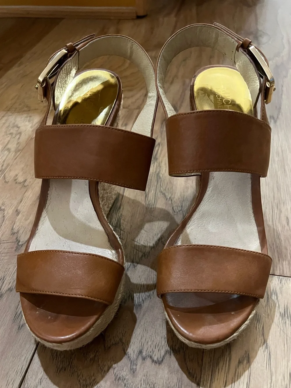 Michael Kors Poesy Tan Leather Espadrille Wedge Sandals